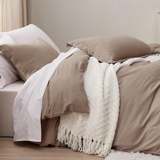 Bedsure Khaki Duvet Cover Queen Size - 3 Pieces Prewashed Cotton-Like Extra Soft Bedding Set, Includes 1 Duvet Cover 90x90 Inches with Zipper Closure & 2 Pillow Shams, Comforter Not Included