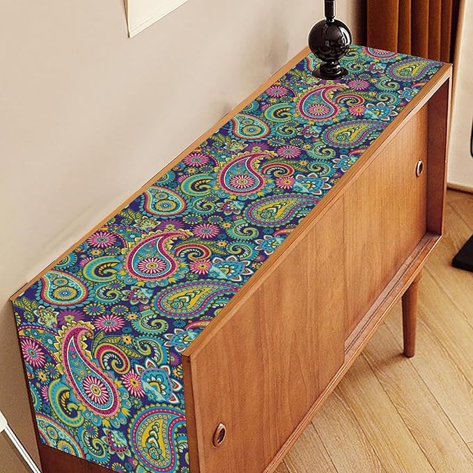 Vintage Paisley Table Runner, Blue Classical Luxury Old Fashioned Paisley Floral Print Table Center Decor for Family Kitchen Table Decorations Indoor Outdoor 13x72 inch