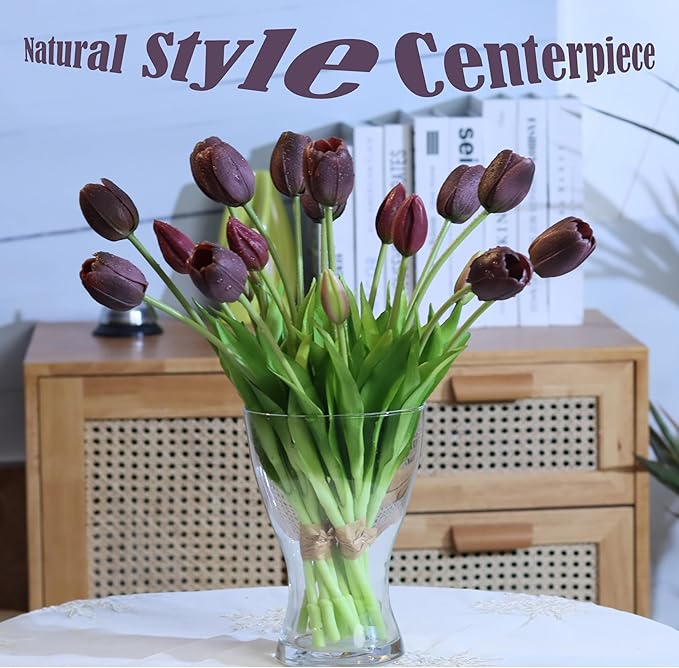 20pcs Artificial Tulip Flowers,16 Inch Real Touch Tulip Stems with Faux Leaves, Faux Tulips and Buds for Home Décor Centerpiece Ornament Wedding Bouquet,Midnight Purple