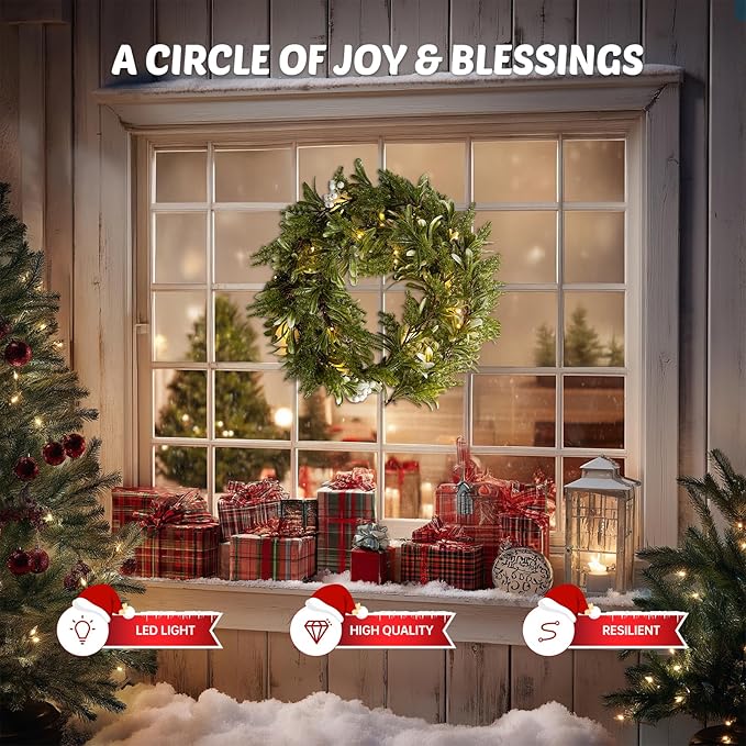 2Pack 6FT Christmas Garland – Artificial Greenery Olive Garland with White Berries, Pinecones & 20 Warm LED Timer Lights – Holiday Garland for Home, Wedding, Party Decorations
