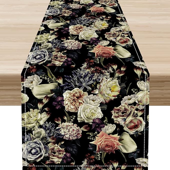 Gothic Floral Table Runner, Vintage White Blue Floral Boho Flower Garden Botanical Spring Seasonal Print Table Center Decor for Family Kitchen Table Decorations Indoor Outdoor 13x72 inch