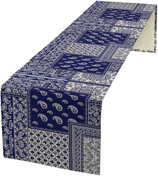 Boho Patchwork Table Runner, Blue White Bohemian Paisley Floral Vintage Farmhouse Table Runner for Kitchen Dining Home Party Holiday, 13x36 Inch
