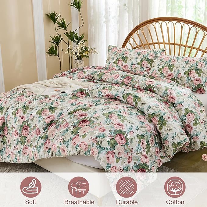 Rose Red Floral Queen Bedding Romantic Girls Comforter Set Soft Botanical Vintage & Country Home Decor for All Season