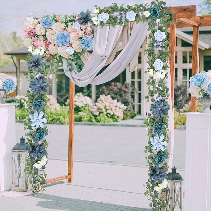 Waipfaru 6.07Ft Artificial Eucalyptus Garland With Flowers - Wedding Table Decorations, Floral Rose for Centerpieces, Backdrop Wall Flower Vines, Room Decor (Dusty Blue)