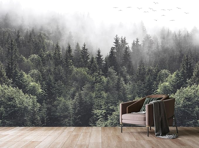 WFBHUA-Misty Forest Self Adhesive Wall Mural Foggy Pine Tree Wallpaper Peel and Stick for Living Room Bedroom 82"x57"