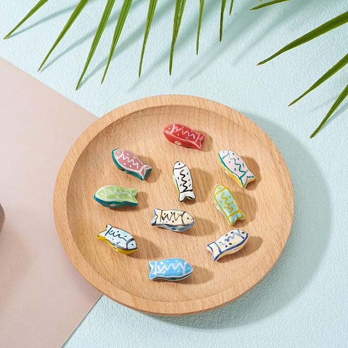 Beadthoven 10Pcs Fish Handmade Porcelain Ceramic Beads Colorful Printed Ceramic Beads Cute Ocean Sea Animal Spacers for DIY Necklaces Bracelets Summer Jewelry Making Crafts Supplies