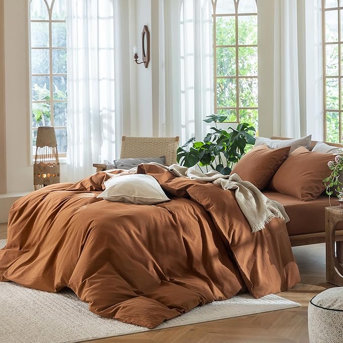 MooMee Bedding Duvet Cover Set 100% Washed Cotton Linen Like Textured Breathable Durable Soft Comfy (Solid Dark Orange, Super Queen 90"x98")
