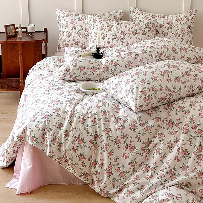 HighBuy Cute Floral Duvet Cover Twin Girl Ultra Soft Cotton Coquette Comforter Cover with Zipper Ties,Garden White Pink Floral Bedding Collection Twin,Extra Soft Floral Bedding Set 3 Piece