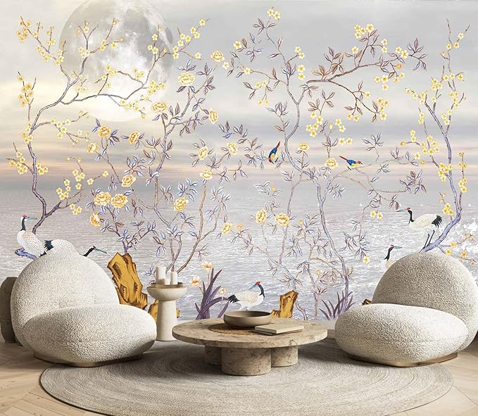 Flowers and Birds Wallpaper Riverside Landscape Wall Mural with Crane and Moon for Bedroom Living Room(Not Self-Adhesive)