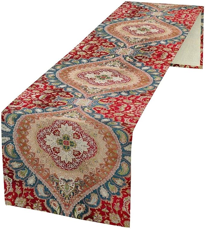 Vintage Persian Table Runner, Boho Traditional Red Ornate Floral Print Table Runner for Kitchen Dining Festive Holiday Party Decor, 13x70 Inch