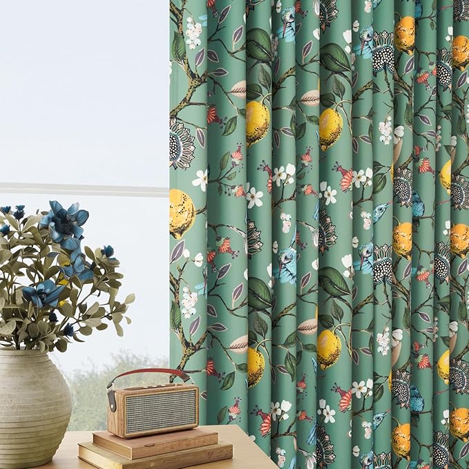 Sage Green Boho Floral Pinch Pleated Curtains 72 Inches Long for Living Room Bedroom Luxury Whimsical Lemon Hummingbird Patterned Waverly Mid Century Colorful Pinch Pleated Blackout Drapes 2 Panels