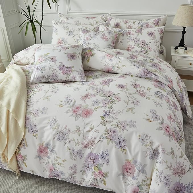 FADFAY Floral Bedding Set with Peony Print, Soft Breathable Duvet Cover & Pillowcases, 100% Cotton, Elegant Botanical Pattern, Durable & Skin-Friendly, Queen Size