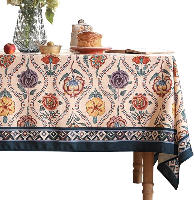 Vintage French Small Square Tablecloth,Linen Durable Tablecloth with Rose and Cornflower Pattern,Decorative Table Cover for Kitchen,Dining,Thanksgiving,Living Room,55" × 55"-Lanae
