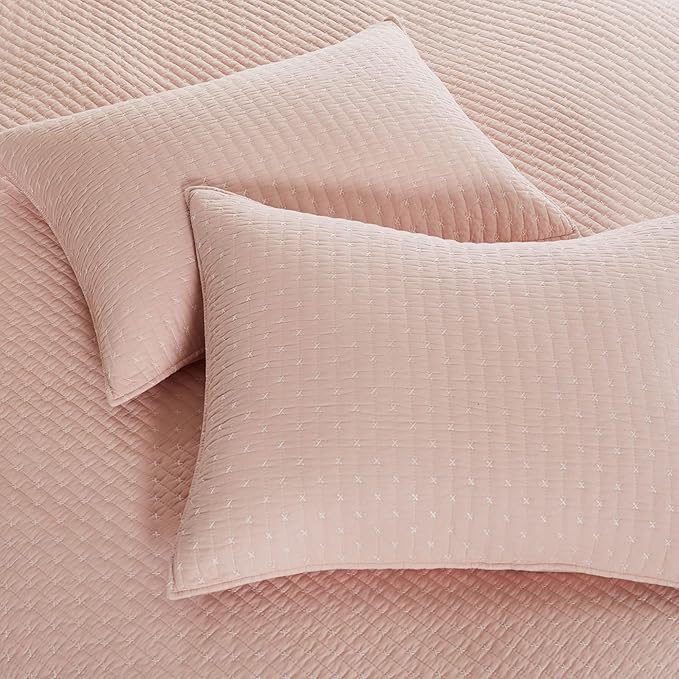 Levtex Home Cross Stitch Reversible King/Cal King Quilt Set (106x92in) and 2 Pillow Shams (36x20in) - Stitch Texture - Blush - Cotton King Size Quilt Bedding Set - Lightweight Soft Pre-Washed