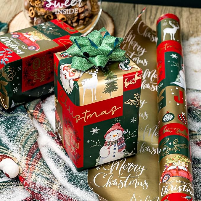 MAYPLUSS Christmas Wrapping Paper - 17 Inch X 33 Feet - Santa Claus Reversible Merry Christmas Gift Wrapping Paper, Metallic Foil Thick Gift Wrap Paper for Holiday Party New Year Kids