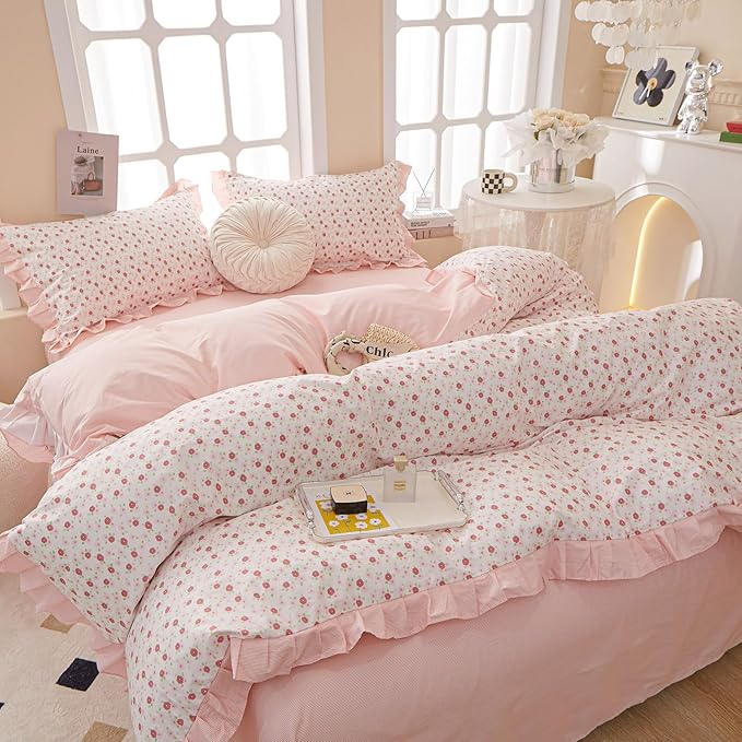 Ruffle Duvet Cover Queen Cute Red Flower Printed Lace Comforter Cover 100% Cotton Floral Duvet Cover Reversible Pink Striped Ruffle Comforter Cover Teen Girls Romantic Princess Bedding Sets Queen