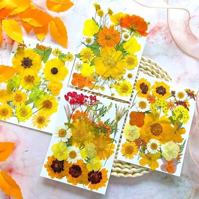 94 Pcs Yellow Pressed Dried Flowers for Resin, Real Natural Bulk Dry Wildflowers Leaves Perfect for Epoxy Molds, DIY Crafts, Home Decor, Soap Candles Jewelry Making