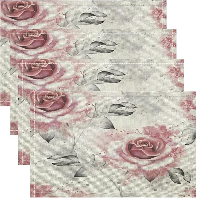 Rose Placemats Set of 8, 17x12 Inch Vintage Romantic Floral Pink Rose Gray Leaf White Table Mats for Home Party Kitchen Dining Decor