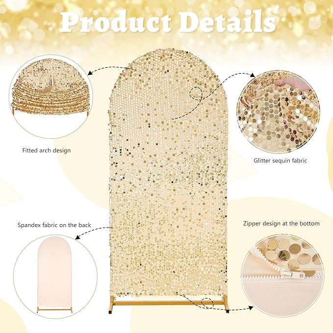 Arch Backdrop Cover 6.6FT Sparkly Light Gold Sequin Wedding Back Drop Fitted Arch Stand for Birthday Party Decoration