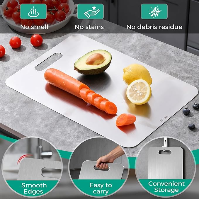 Katuchef Titanium Cutting Board - Upgraded 100% Pure Titanium Cutting Boards for Kitchen Non Toxic, Double-Grade Hygiene Durable Non Moldy Dishwasher Safe Meat Fruit Metal Board (2PC S+L)