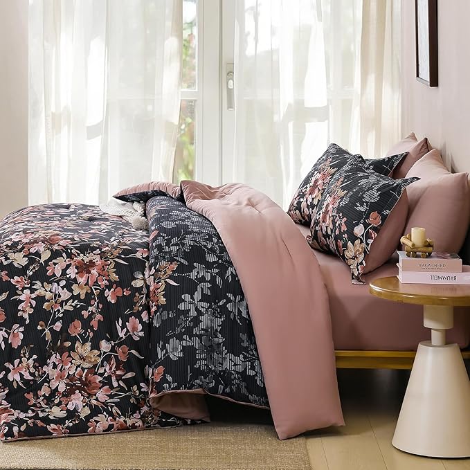 Queen Comforter Set, 7 Pieces Black and Pink Floral Comforter Set, Bed in a Bag Queen with Botanical Flowers Pattern, All Season farmhouse Queen Size Bedding Set with Sheets, Pillowcases & Shams