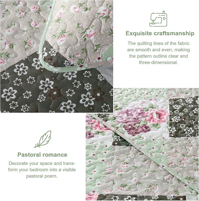 Dinjoy Floral Plaid Patchwork Quilt Set King Size, Reversible Green Bedding Set Soft Microfiber Lightweight Bedspread Coverlet 3 Piece Fall Autumn Summer Use (110x90 inches)