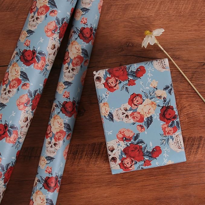 Aimyoo Blue Red Floral Skull Kraft Wrapping Paper Jumbo Roll, Gothic Flower Gift Wrap Paper for Birthday Bridal Shower 17 in x 60 ft