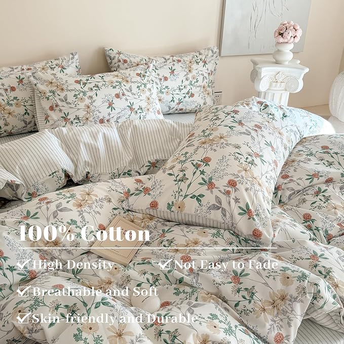 EAVD Garden Botanical Floral Duvet Cover Full White Soft 100% Cotton Flowers Leaves Pattern Bedding Set with 2 Pillowcases Reversible Black White Striped Comforter Cover with Zipper Closure
