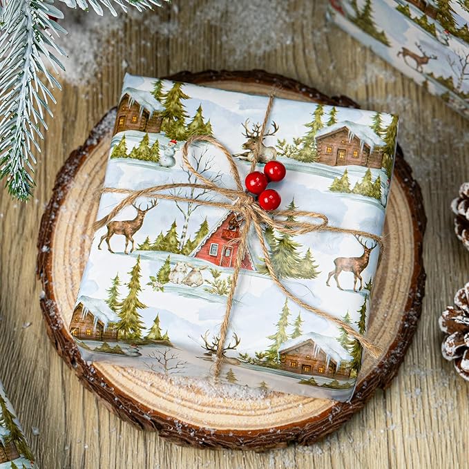 MAYPLUSS Christmas Wrapping Paper Roll - 17 In x 33 Feet - Cute Watercolor Christmas Tree Reindeer Log Cabin Gift Wrap Paper for New Year, Holiday, Kids