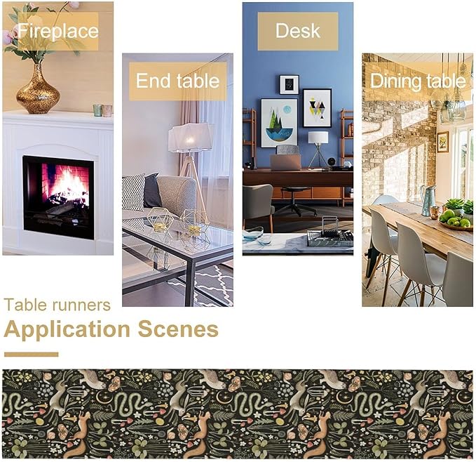 Farmhouse Forest Table Runner, Fairy Tale Woodland Wild Animals Moths Owl Snake Flowers Mushroom Kitchen Dining Table Runners for Indoor Outdoor Home Party Holiday Decor, 13x36inch