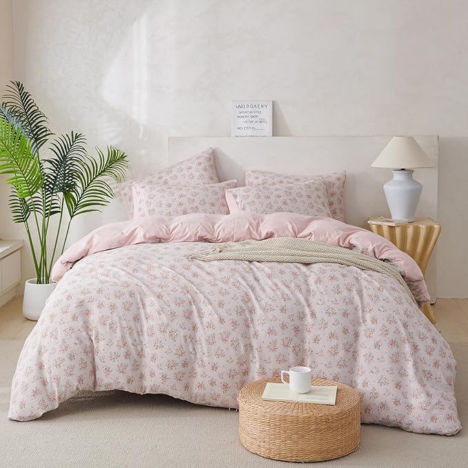 King Size Comforter Set Soft Flower 3 Pieces Chic Crinkle Gauze Fabric Garden Style Floral Print Botanical Comforter for All Seasons Luxury Warmth Comfy Breathable with 2 Pillowcases
