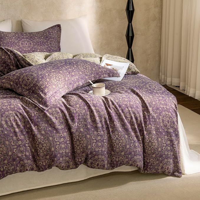 Purple Green Floral Duvet Cover Twin XL Premium Yarn-Dyed Linen Cotton Comforter Cover Boho Jacquard Design Bedding Set Botanical Floral Vintage Duvet Cover Reversible Green Flower Bedding Set Twin XL