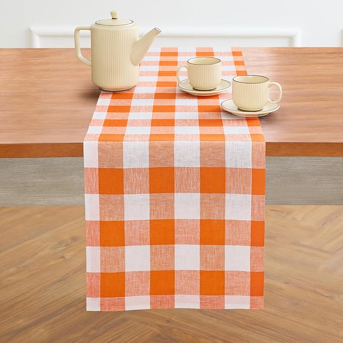 Solino Home Linen Checkered Table Runner 48 Inches - 100% Pure Linen Pumpkin and White Buffalo Check Short Table Runner 14 x 48 Inch Ideal for Dresser and Coffee Tables
