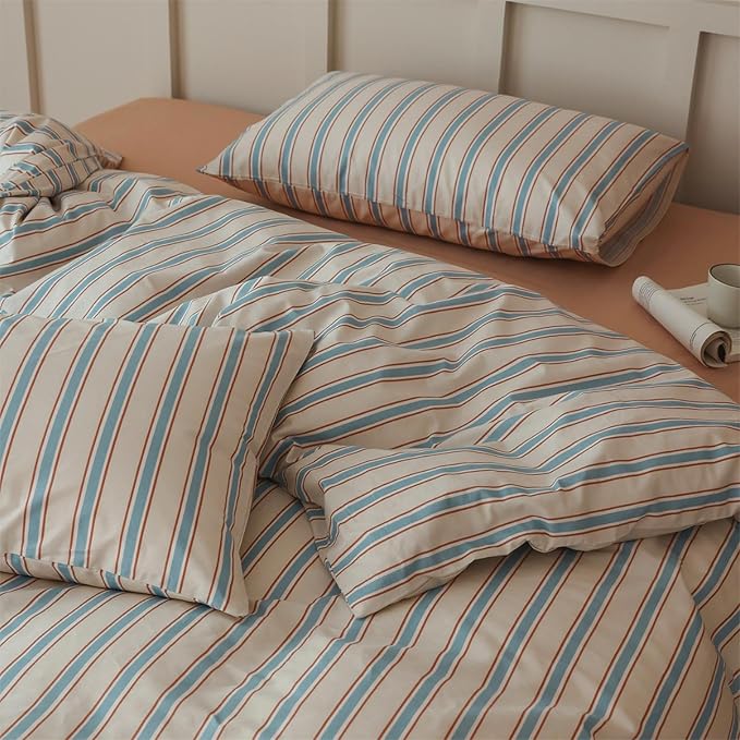 Striped Comforter Set King Size, 3 Pieces Lightweight Striped Bedding Comforter Set, Fluffy Soft Blue Brown Stripes Pattern Printed Bedding Set, Breathable King Size Comforter with 2 Pillowcases