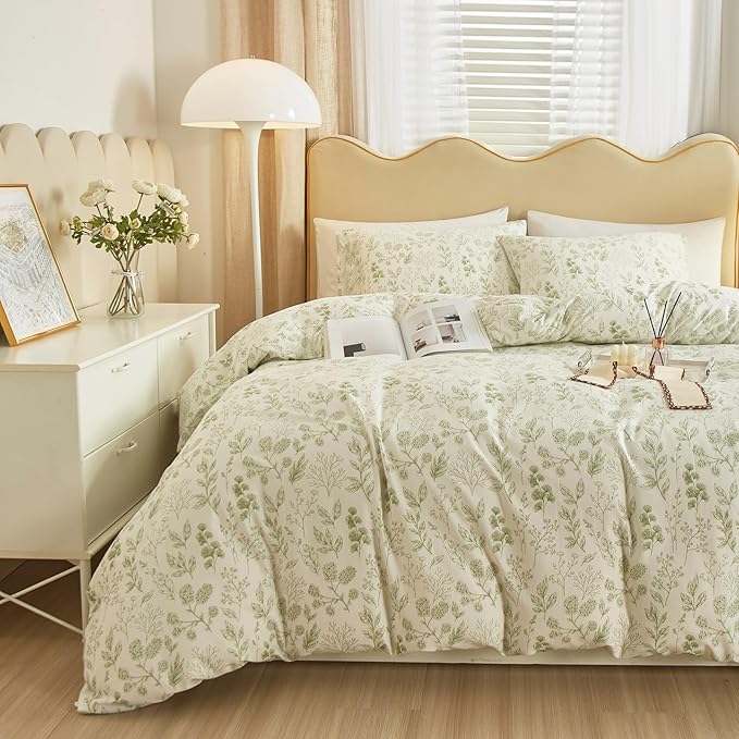 Garden Style Green Floral Comforter Set King Fluffy Soft Microfiber Boho Floral Bedding Comforter King Vintage Flower Leaves Botanical Comforter for All Seasons Cottagecore Bedding Comforter Set