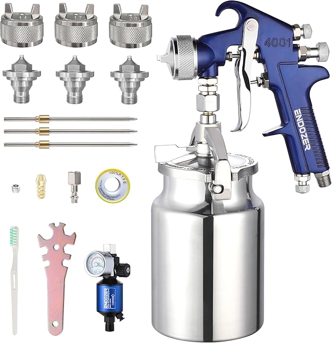 ENDOZER Professional Siphon Feed Spray Gun for Paint, Red Handle, 34 oz -1.4 1.7 2.0mm Nozzle for a Variety of Low Viscosity Paints（Blue）
