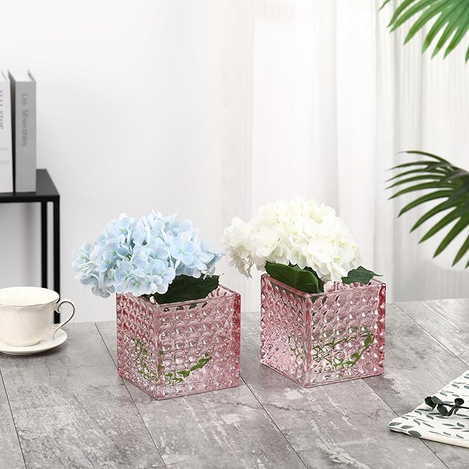 Square Vases Set of 6, 4" x 4" x 4" Square Glass Vases for Flowers, Pink Flower Vase for Centerpieces, Small Bubble Vase for Wedding, Party, Home, Office, Parties, Events