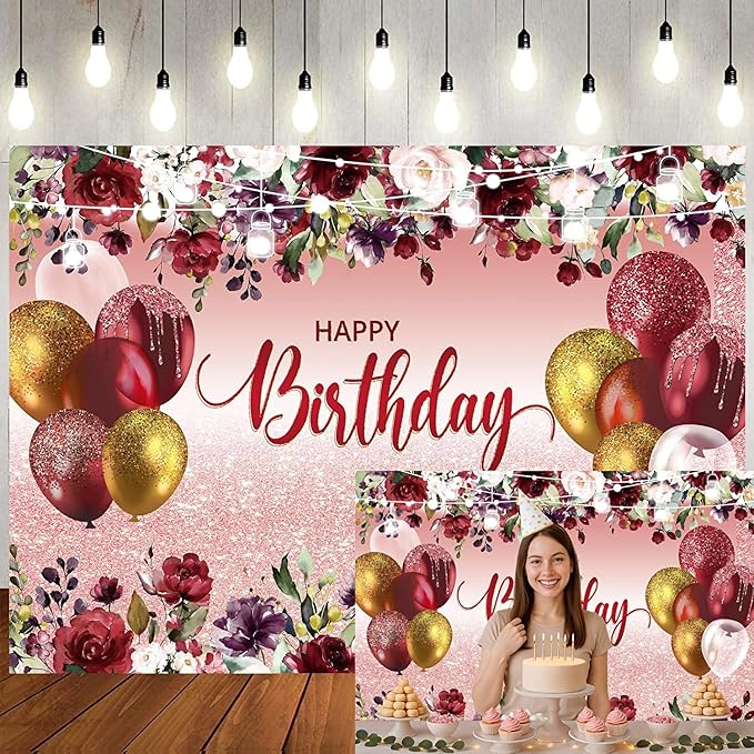 LTLYH 7x5ft Happy Birthday Decorations Women Girls Birthday Party Backdrop Glitter Pink Floral Party Banner Background Elegant Rose Gold Birthday Decorations Backdrop 178 ﻿