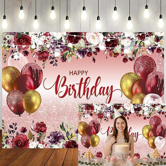 LTLYH 7x5ft Happy Birthday Decorations Women Girls Birthday Party Backdrop Glitter Pink Floral Party Banner Background Elegant Rose Gold Birthday Decorations Backdrop 178 ﻿