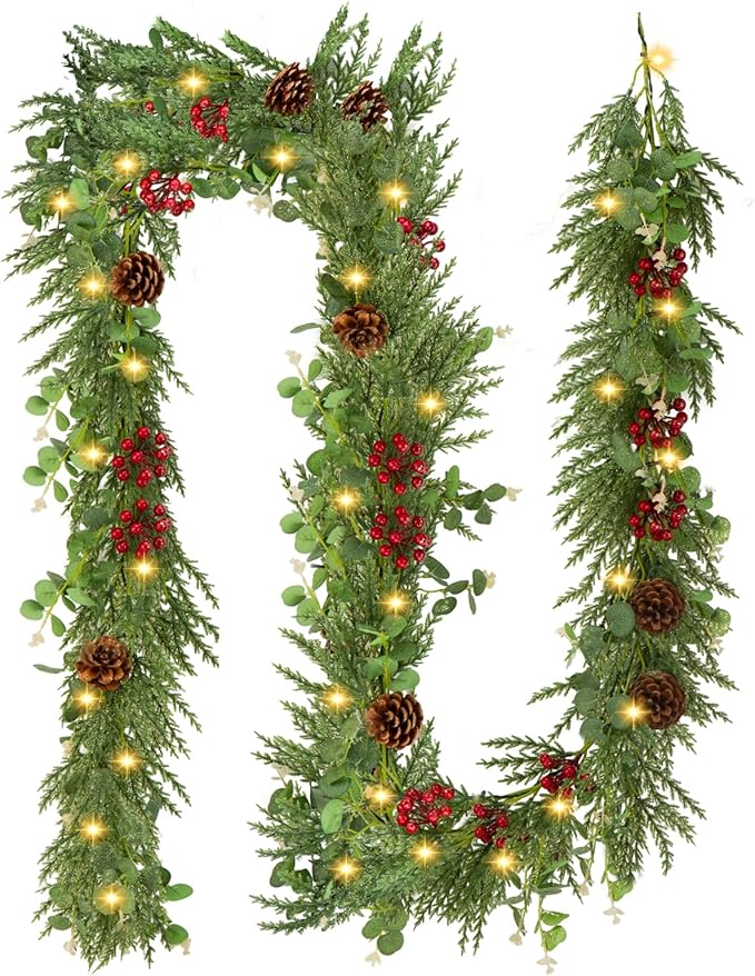 2PCS 6FT Christmas Decorations Cedar Garland, Realistic Soft Pine Wreath, Artificial Green Faux Cedar Pine Garland for Fireplace Mantle Indoor Outdoor Holiday Party Home Decor(2,6FT)