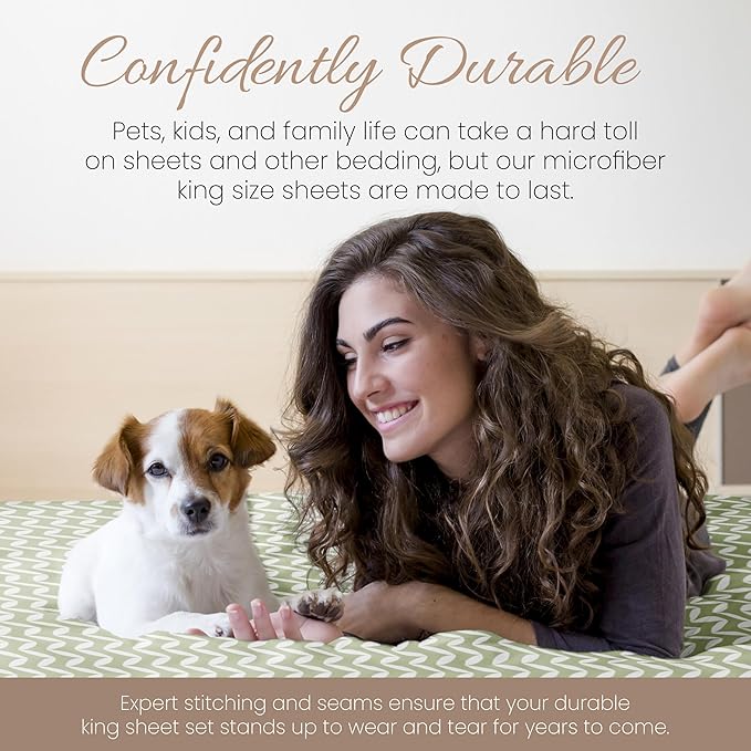 Linen Market 4 Piece King Sheet Set - Breathable, Double-Brushed Patterned Cooling Sheets – Oeko-TEX Certified Ultra Soft & Wrinkle-Free 16" Deep-Pocket King Sheets - Easy Care Puffed Chevron Sage
