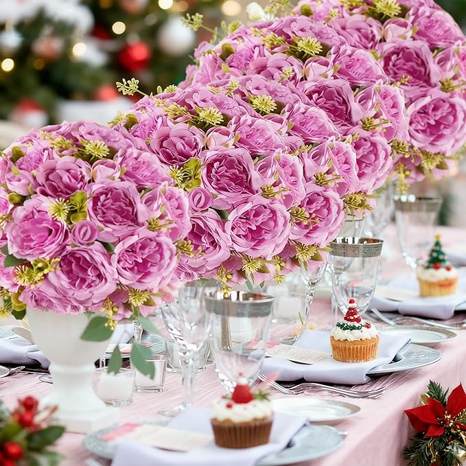 4 Packs Artificial Peonies Silk Flowers: Faux Peony Bouquet 4 Bundles, Fake Peonies Flowers Bulk for Centerpiece Table Wedding Party Home Decor for Christmas Decoration (Light Purple)