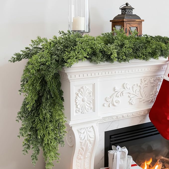 Real Touch Cedar Garland, Christmas Artificial Realistic Faux Cypress Pine Garlands, Christmas Greenery Garland Decorations for Mantle, Table, Stairs, Doorframe, Fireplace, Winter Garlands(6FT)