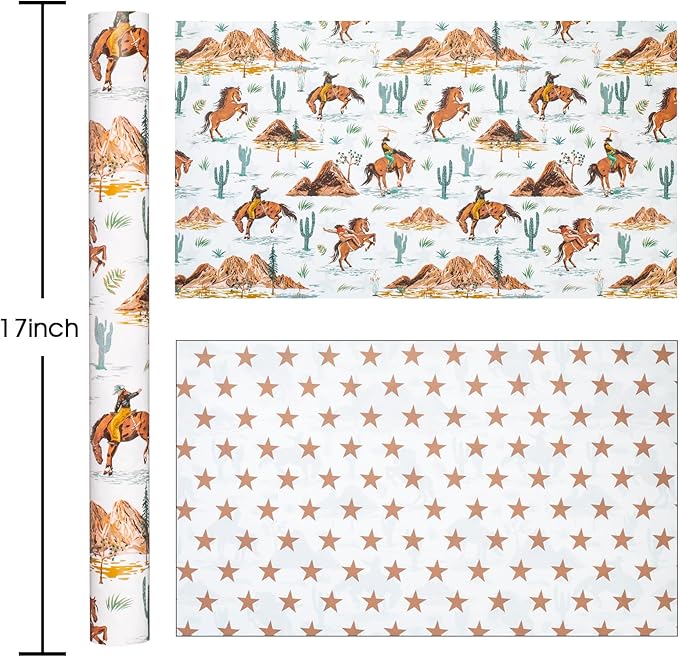 Homeral Reversible Cowboy Wrapping Paper Roll - 17In x 16.5Ft Western Gift Wrap with Rodeo Horse and Star Pattern for Boys Birthday, Fathers Day, Bachelor Party, Christmas, Farm Theme, Holiday