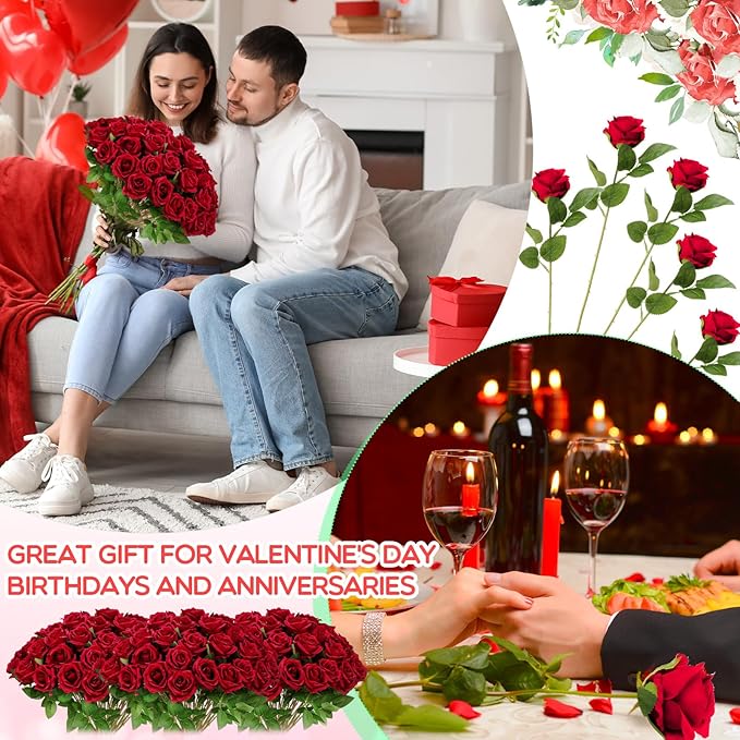 Hotop 120 Pcs Roses Artificial Flowers in Bulk,Long Stem Artificial Flower Bouquet,Silk Real Touch Fake Rose for Wedding Party Table Centerpieces Decor Valentines Gifts(Wine Red)