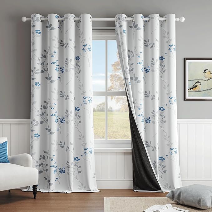 Beauoop Floral 100% Blackout Curtains 96 Inches Long 2 Panels for Bedroom Living Room Blue Grey and White Flower Patterned Room Darkening Thermal Soundproof Grommet Window Treatments Drapes, 52X96