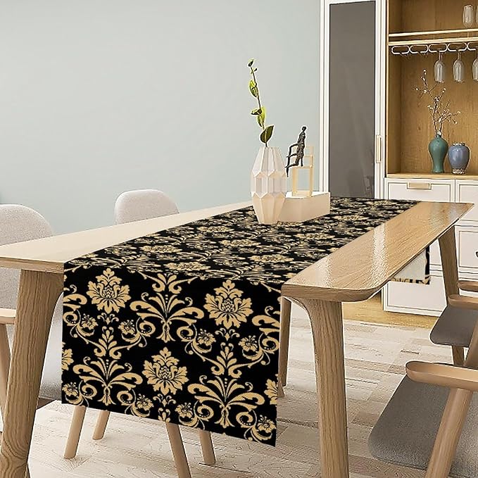 Gold Damask Table Runner,Gothic Antique Victorian Floral Boho Table Runner for Home Kitchen Table Dining Garden Farmhouse Wedding Party Decor 13x70 Inch