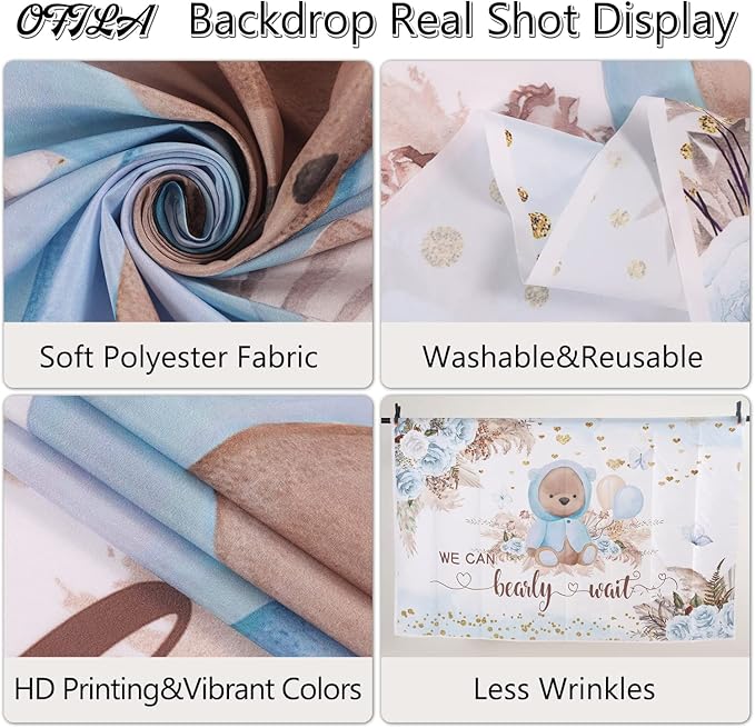 We Can Bearly Wait Boho Baby Shower Photography Backdrop 7x5ft Blue Floral Boho Pampas Grass Bear Portrait Photo Backdrop