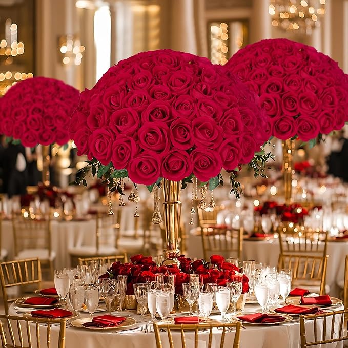 LFF Premium Artificial Classic Red Roses - 50Pcs Realistic Velvet Faux Roses with Long Stems for Wedding Bouquets, Centerpieces, Proposals & Home Decor(Red)