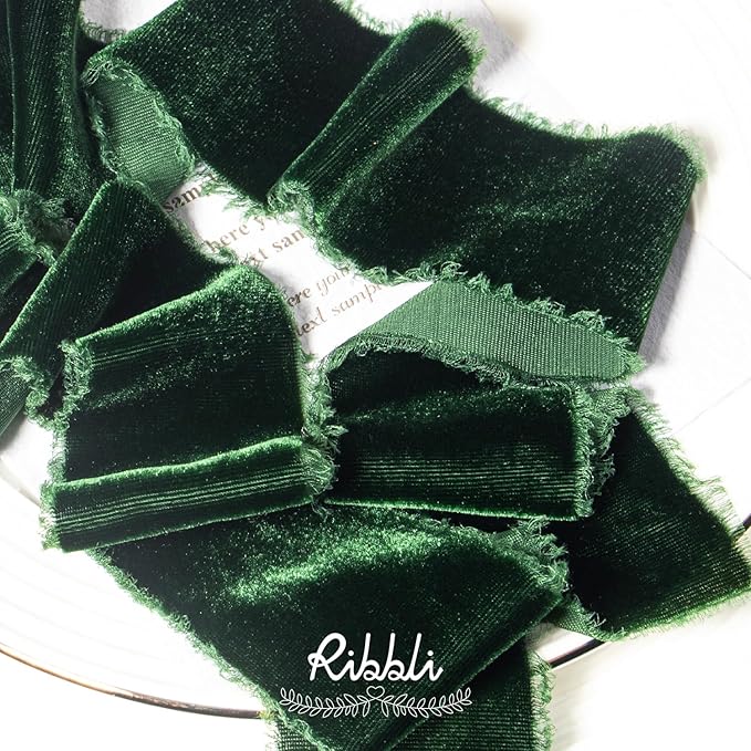 Ribbli Forest Green Velvet Ribbon 1.5 Inch Handmade Frayed Vintage Christmas Ribbon for Gift Wrapping Christmas Tree Ornament Wreath Craft Home Decor -3 Yards
